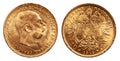 Austria gold coin 10 kronen vintage 1912 Royalty Free Stock Photo