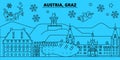 Austria, Graz winter holidays skyline. Merry Christmas, Happy New Year decorated banner with Santa Claus.Flat, outline