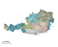 Austria higt detailed map with subdivisions. Administrative map of Austria with districts and cities name, colored by states and