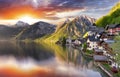 Austria landscape, Hallstatt Alp lake mountain at sunrise Royalty Free Stock Photo