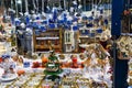 Austria-Linz - December 6, 2018: Hand crafted artisan blue white crystal golden silver painted glass balls at Christmas market