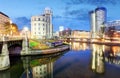 Austria, Modern Vienna with Danube canal at night, Wien