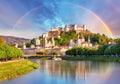 Austria, Rainbow over Salzburg castle Royalty Free Stock Photo