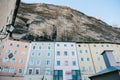 Austria, Salzburg, January 1, 2017: Traditional Austrian multicolored houses in the rock in Salzburg. Austrian