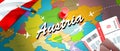 Austria travel concept map background with planes, tickets. Visit Austria travel and tourism destination concept. Austria flag on