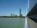 Austria, Vienna, the Danube river, August 18 2019, view from the bridge on a modern area of the city