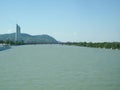 Austria, Vienna, the Danube river, August 18 2019, view from the bridge on a modern area of the city