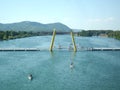 Austria, Vienna, the Danube river, August 18 2019, view view on a pedestrian bridge across the Danube river