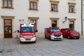 Austria, Vienna, three fire trucks in front of a barracks in the city center.