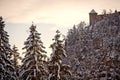 Austria, Winter lanscape at sunset with snow and Hohenwerfen Ca Royalty Free Stock Photo
