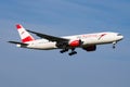 Austrian Airlines Boeing 777-200 OE-LPD passenger plane arrival and landing at Vienna Airport Royalty Free Stock Photo