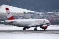 Austrian Airlines small jet on the snowy apron, Innsbruck Airport INN Royalty Free Stock Photo