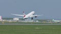 Austrian Airlines jet taking off from Vienna Airport, VIE, on runway