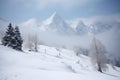 Austrian Alps winter panorama offers breathtaking snow covered mountain scenery