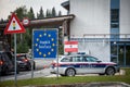 Austrian Bundespolizei police car controlling people during Coronavirus Covid 19 crisis at the Austrian slovenian border crossing