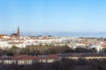 Austrian city of Vienna, panorama from a height, buildings and mountains, blue sky.
