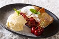 Austrian cuisine: cherry strudel with vanilla ice cream close-up on a plate. Horizontal Royalty Free Stock Photo