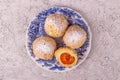 Austrian and czech sweet dessert knedle apricot dumplings on gray concrete background. Filled cottage cheese dough. top view