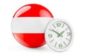 Austrian flag with clock. Time in Austria, 3D rendering Royalty Free Stock Photo