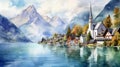Austrian Peninsula: Meticulously Detailed Watercolor Artwork Of A Lakeside Village