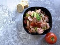 Austrian sausage salad `Wurstsalat` is a traditional snack and a light summer dish