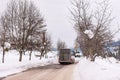 Austrian ski bus on snow covered road. Schladming-Dachstein, Dachstein massif, Liezen District, Styria, Austria