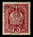 Austro-Hungarian Empire - circa 1914: Austrian historical stamp: Image of the Imperial crown with flower curls, cancellation, worl