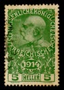 Austro-Hungarian Empire - circa 1914: Austrian historical stamp: portrait of Emperor Franz Joseph I, with the year of the beginnin