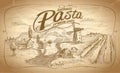 Autentic pasta label with rural landscape backdrop Royalty Free Stock Photo