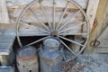 Antique Wagon Wheel and Water Barrels Royalty Free Stock Photo