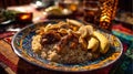 Authentic African chicken and rice dish with bananas Royalty Free Stock Photo
