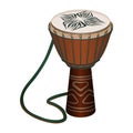 Authentic African wooden djembe with patterns and long rope