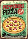 Authentic American pepperoni pizza vintage restaurant sign