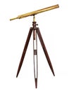 Ancient telescope with wooden tripod isolated on a white background