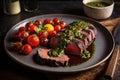 Authentic Argentinean Sirloin with Chimichurri and Grilled Tomatoes, Generative AI