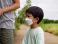 Authentic asian child boy wearing medical face mask to prevent from corona virus or covid-19 Royalty Free Stock Photo