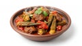 Authentic Bamia Okra Stew Isolated on White Background in Bowl Featuring Tender Beef Tomatoes and Okra Simmered in Royalty Free Stock Photo