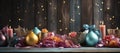 Authentic beautiful Venetian masks on a dark wooden table in Venice.