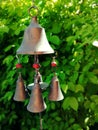 Authentic brass doorbell set against green leaves of a bush