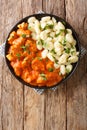 Authentic Chicken Paprikash in an unforgettably rich, flavorful and creamy paprika infused sauce closeup on a plate. Vertical top