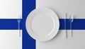 Authentic Cuisine of Finnland. Plate with finnish Flag and Cutlery. 3d illustration. Royalty Free Stock Photo