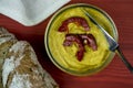 Authentic curry hummus and rustic sliced bread