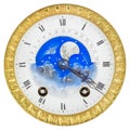 Authentic eighteenth century golden clock face with moon rotation isolated on white Royalty Free Stock Photo