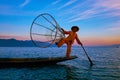 Authentic fishing technique of Burmese fishermen, Inle Lake, Myanmar Royalty Free Stock Photo