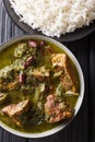 Authentic Ghormeh Sabzi dish of lamb stew meat with herbs and beans close-up in a bowl and rice. Vertical top view Royalty Free Stock Photo