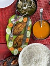 An Authentic Goan Meal, Fried Fish, Fish curry and white rice