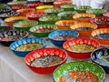 Authentic hand made Turkish ceramic bowls with vibrant bright colours and intricate hand painted design Royalty Free Stock Photo