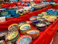 Authentic hand made Turkish ceramic bowls with vibrant bright colours and intricate hand painted design Royalty Free Stock Photo