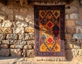 Authentic handmade oriental rug hanging on a weathered stone wall outdoors Royalty Free Stock Photo
