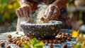 Authentic Hazelnut Crushing in a Stone Mortar Royalty Free Stock Photo